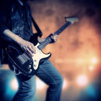 Guitarist playing on stage with focus on the electric guitar.