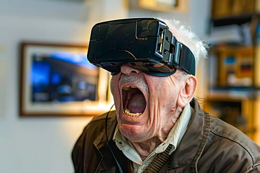 An elderly man actively engages with a virtual reality headset, appearing to be surprised or excited by the immersive experience.