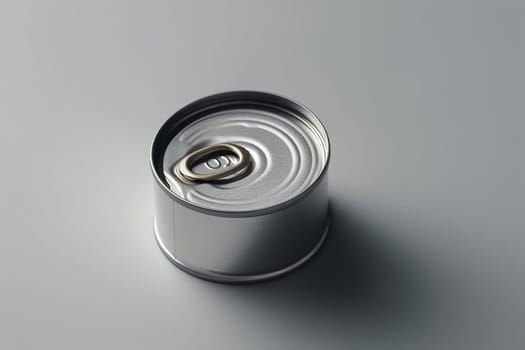 A sealed, unlabelled tin can on a plain surface.
