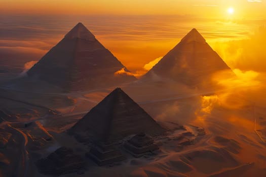 Aerial view of the iconic pyramids of Giza bathed in the warm hues of a sunset.