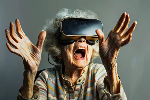 An elderly woman is actively engaging with virtual reality technology, expressing excitement or surprise.