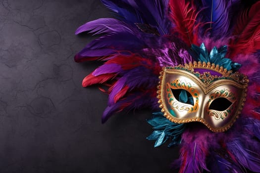 Elegant masquerade mask adorned with vibrant feathers against a dark background