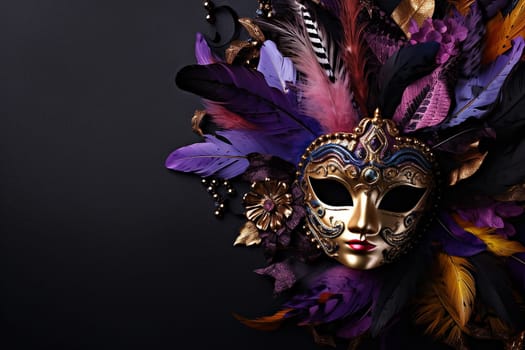 Elegant Venetian mask adorned with colorful feathers and intricate details.