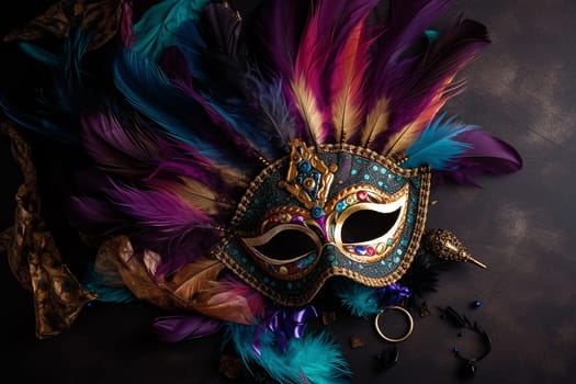 A vibrant masquerade mask adorned with colorful feathers and jewels.