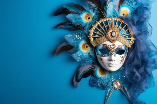 An ornate blue and gold masquerade mask adorned with feathers and gems on a blue background