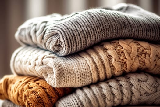 Stack of cozy knitted sweaters in various patterns.