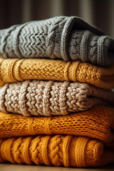 Stack of cozy knitted sweaters in neutral colors