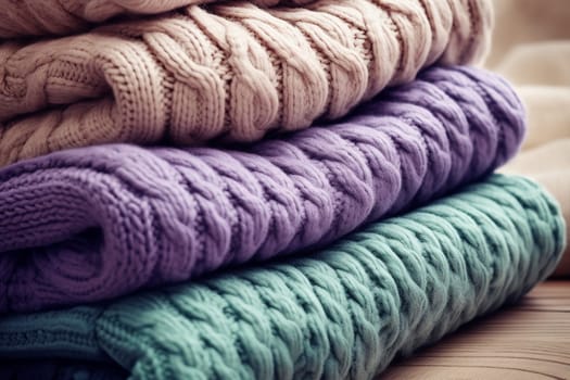 Stack of cozy knitted sweaters in various colors.