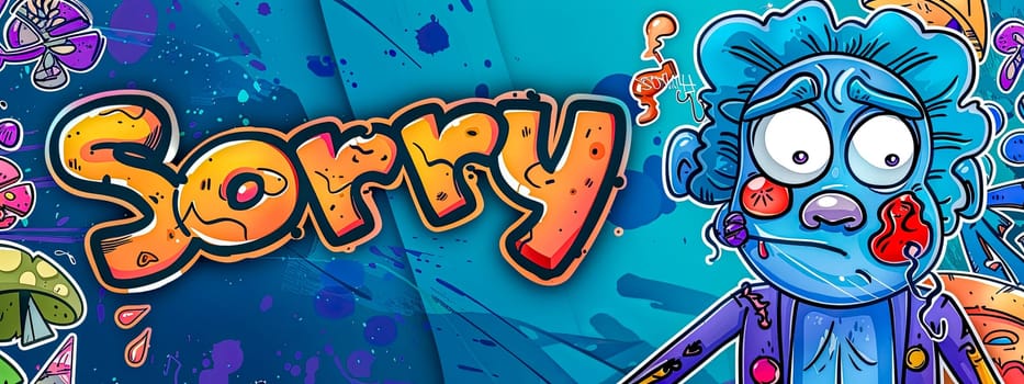 Expressive and playful colorful cartoon apology banner with vibrant and bold graffiti-style artwork and whimsical character illustration