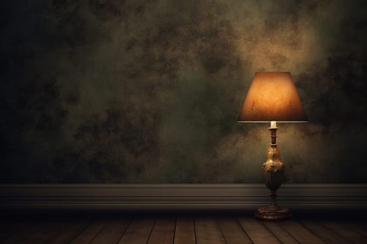 Illuminated classic lamp on wooden floor against a textured wall, creating a warm atmosphere