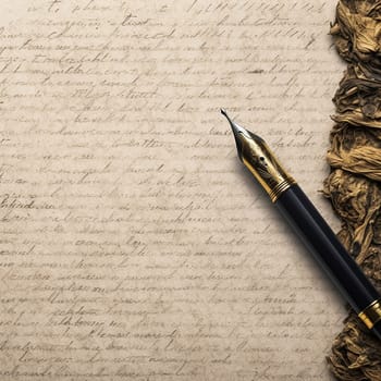 An antique fountain pen on a handwritten letter and tied scrolls.