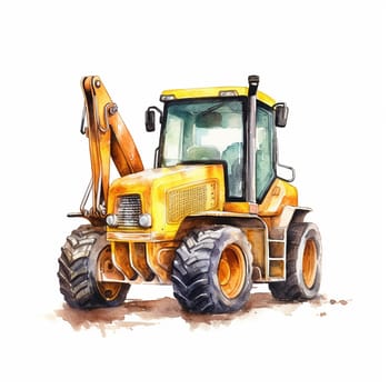 Watercolor illustration of a yellow backhoe loader