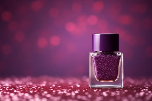 Purple glitter nail polish bottle on sparkling background.