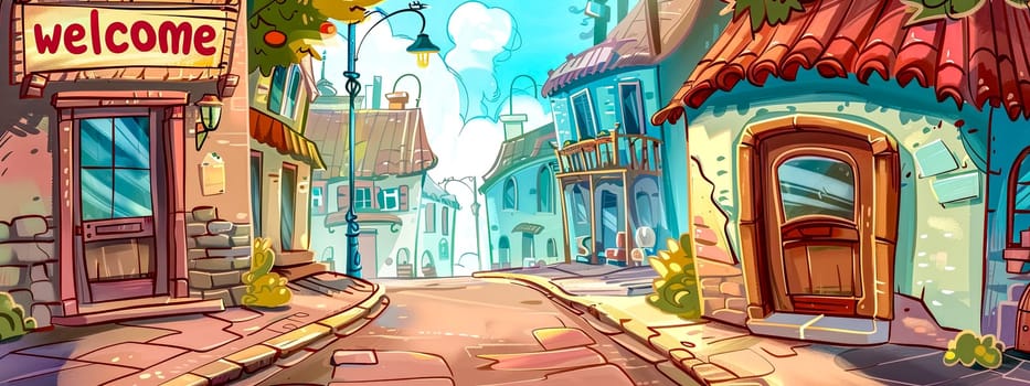 Colorful and vibrant illustration of a quaint village street with a welcoming sign