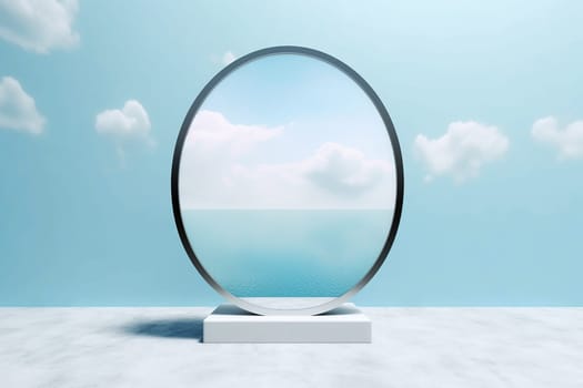 Surreal circular portal overlooking tranquil sea under blue sky