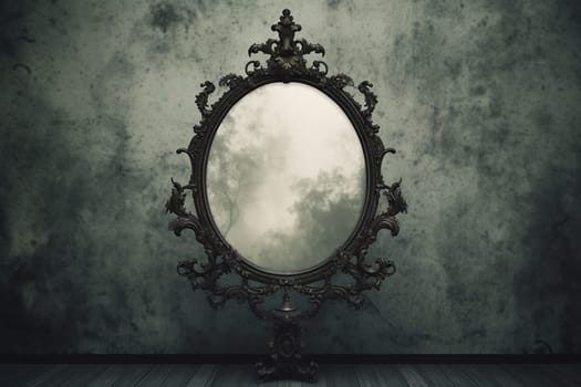 Eerie antique mirror reflecting misty forest, invoking a sense of mystery and otherworldliness.