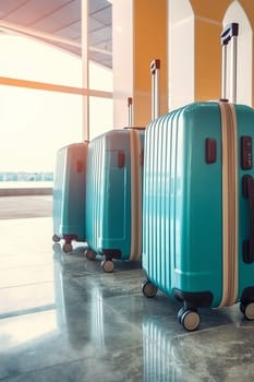 Three suitcases aligned at an airport terminal, ready for travel.