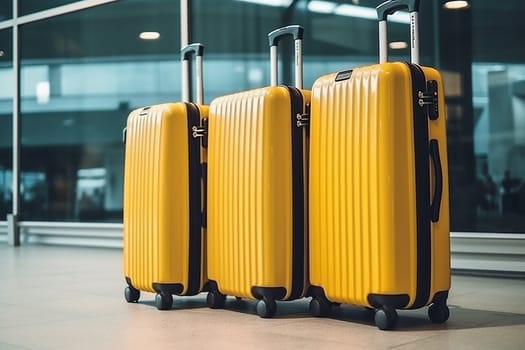 Three yellow suitcases lined up at an airport terminal.