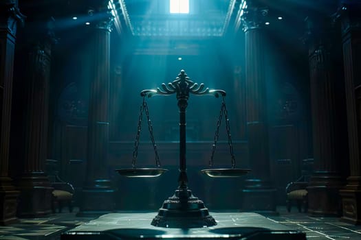 Scales of Justice positioned in the center of a dimly lit room, highlighting its prominent presence.