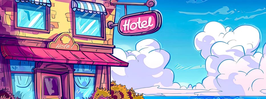 Vibrant illustration of a charming hotel with a sea view under a blue sky with fluffy clouds