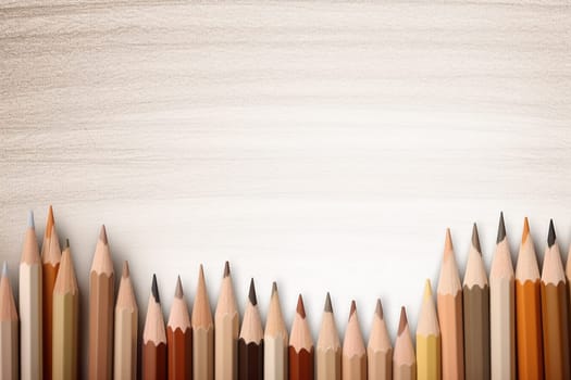 An array of colored pencils lined up against a textured white background.