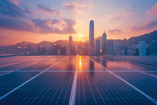 A solar panel capturing energy with the sun setting in the background.