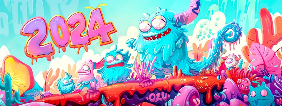 Colorful illustration for new year 2024 with fun cartoon creatures