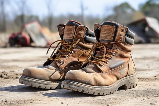 Old dirty shoes stand on the ground.