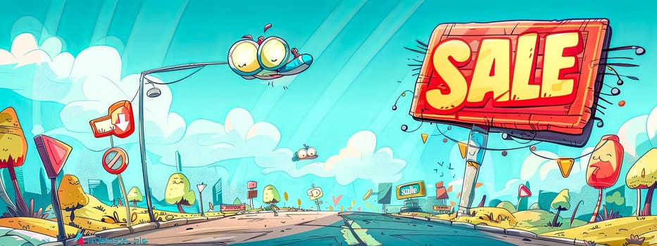 Colorful illustration of a cartoon street scene featuring a large 'sale' signboard and whimsical details