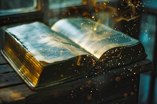 An open book rests on a wooden table.