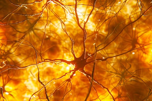Intricate network of neurons with bright signals representing neural activity.