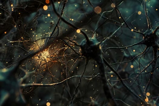 A network of human brain neurons actively firing, showcasing intricate neural pathways.