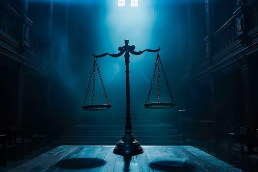 Scales of justice are prominently displayed in a dimly lit courtroom.