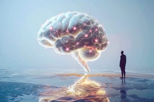 A man stands in front of a large brain, showcasing the scale and complexity of the human mind.
