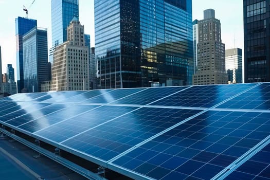 Close-up of a solar panel installed on the roof of a building in a modern city.