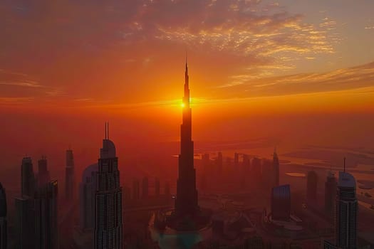 The sun sets behind tall city buildings in an urban landscape.