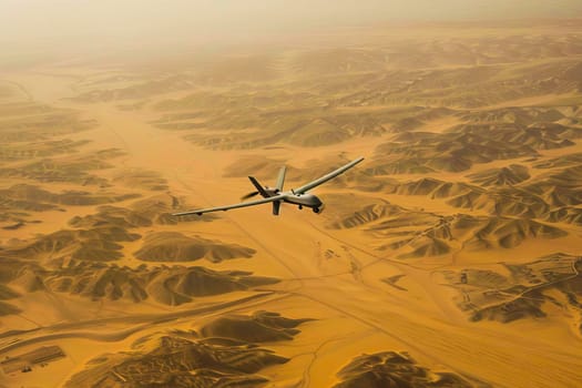 A military aircraft flies over a vast desert landscape under a clear sky.