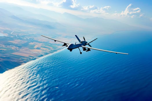 Military airplane flying high above a large body of water, creating a striking contrast against the expansive blue backdrop.
