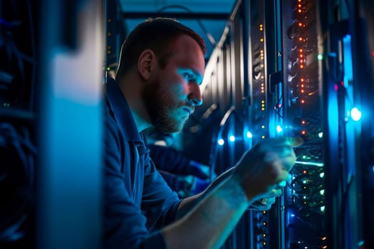 Professional IT specialist working on a server in a server room.