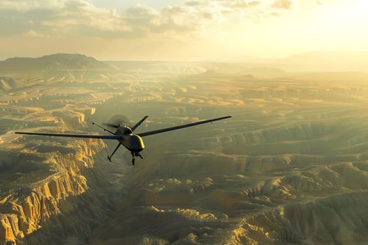 A military aircraft flies over rugged mountains in a clear sky.