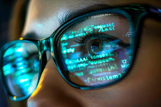 A detailed view of a persons face wearing glasses, focusing on the eyes and frames.