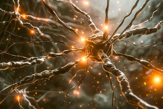 Neurons connect and transmit signals through synapses, brilliantly illuminated.