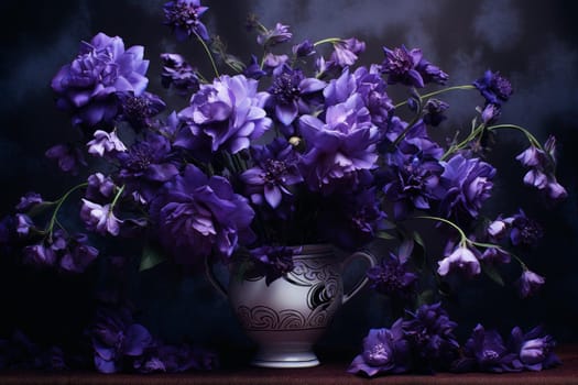 Elegant Purple flowers closeup dramatic. Nature summer. Generate Ai