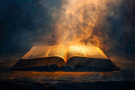 An open book placed on a table with flames and fire bursting out of its pages.