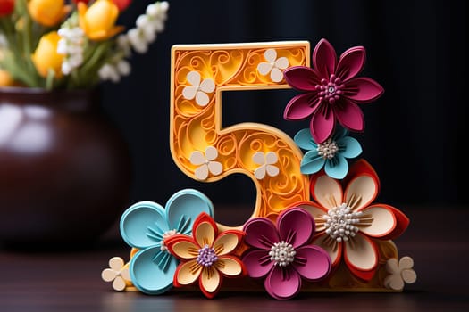 Number 5 decorated with paper flowers. Children's birthday.