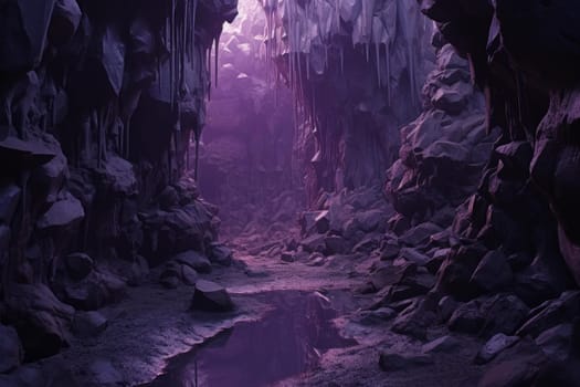 Eerie Purple cave rock curve. Cavern interior. Generate Ai
