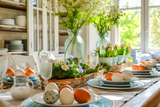 A wooden table decorated with plates and vases filled with colorful flowers for Easter celebration.