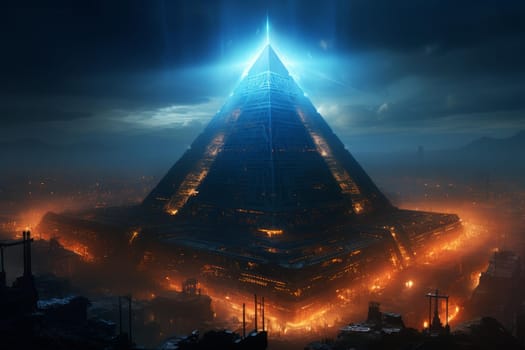 Complex Cyber pyramid neon. Mesh element. Generate Ai