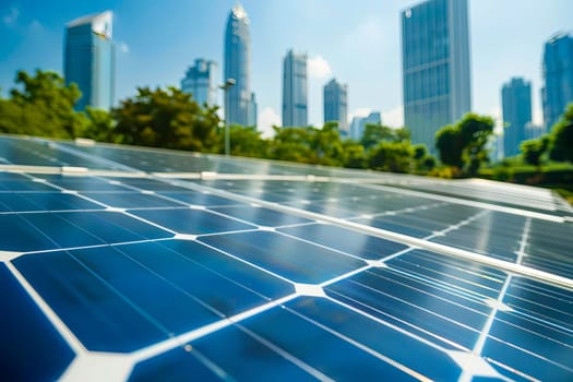 Close-up of a solar panel in front of a modern city skyline.