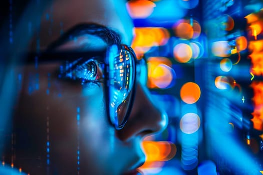 Close-up of a womans face wearing futuristic glasses, with reflections of a computer monitor.